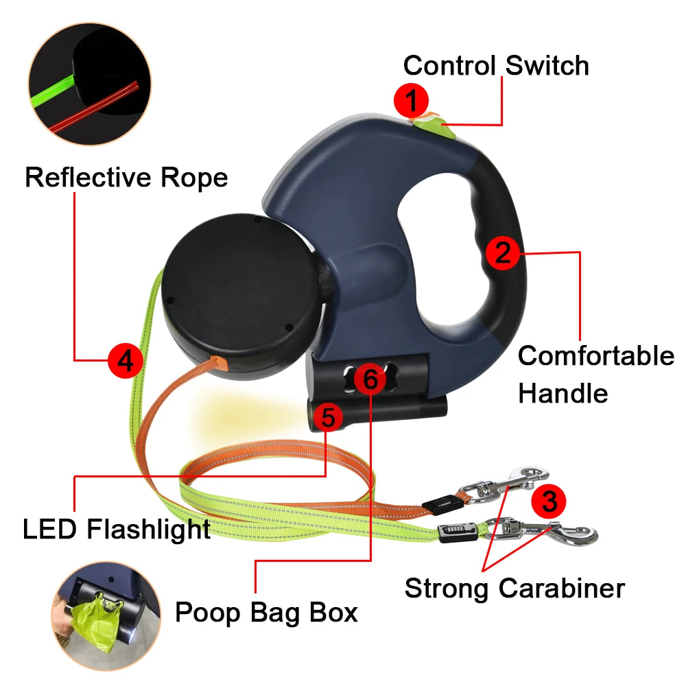 Elevate Your Walks with the 3M Reflective Dual Dog Leash - Tangle-Free Retractable Design with Built-in Lights for Small Dogs