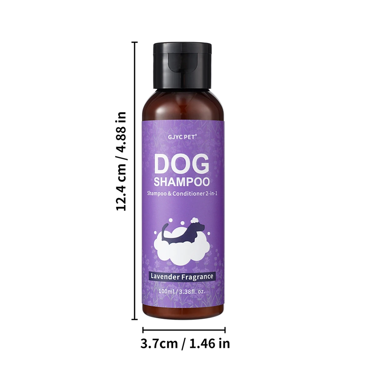 A bottle of G.JVC PET Dog Shampoo with lavender fragrance, shown with dimension lines indicating a height of 12.