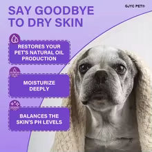 Promotional graphic for a pet skincare product featuring a wrinkled dog on the right and purple text panels on the left that read 'SAY GOODBYE TO DRY SKIN,' 'RESTORES YOUR PET'S NATURAL OIL PRODUCTION,' and 'MOISTURIZE DEEPLY.'.