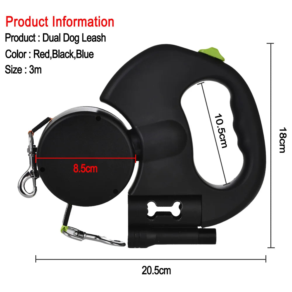 Elevate Your Walks with the 3M Reflective Dual Dog Leash - Tangle-Free Retractable Design with Built-in Lights for Small Dogs